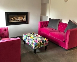 Haresfield 2.5 seater sofa In Linwood Omega Velvet 25 Pink & Alwinton Small Footstool in BlueBellGray Petite Mode