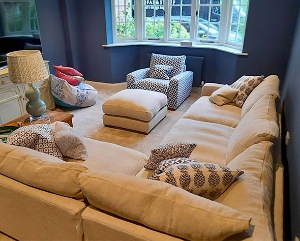 Stockbridge Corner Group and Footstool in Cloth 20 Design 6 with Chair and Scatters Indigo & Wills Fabric Mix