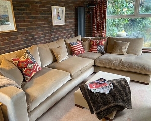Stockbridge Corner Sofa and Footstool in Linwood Omega Sand