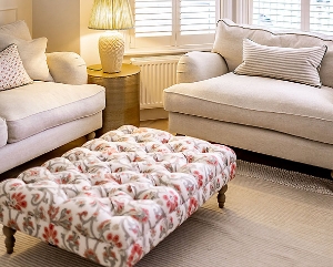Bedham Footstool in Colefax and Fowler Hailsham Pink Green 