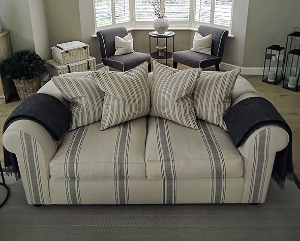 Lewes 3 Seater Sofa in Cloth 22 Racing Stripe mix & Harwood Chairs in Easy Plain Ash with contrast Piping