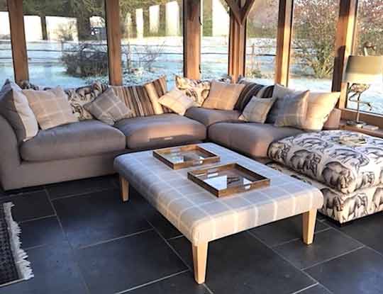 wool corner sofa in conservatory